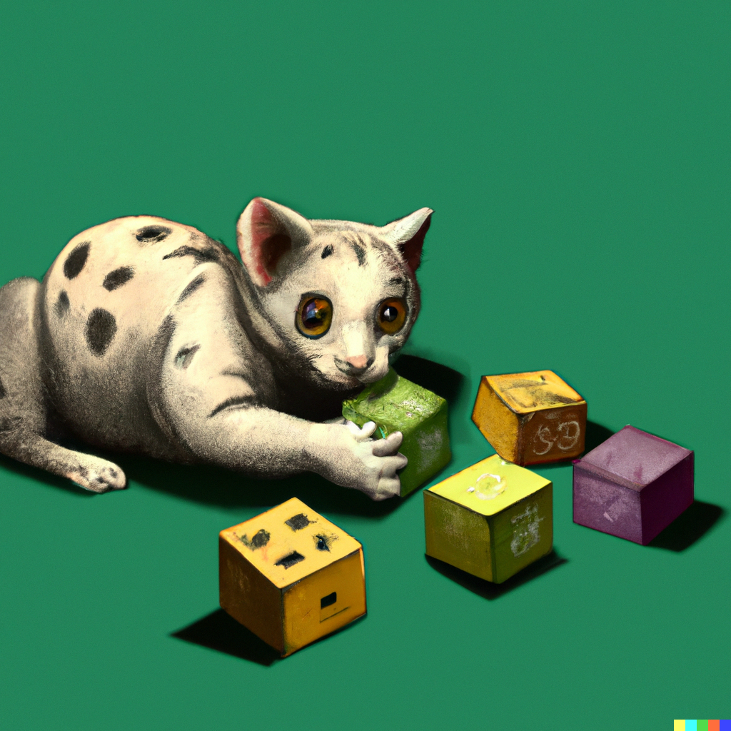 A cartoon kitten playing with 5 dice