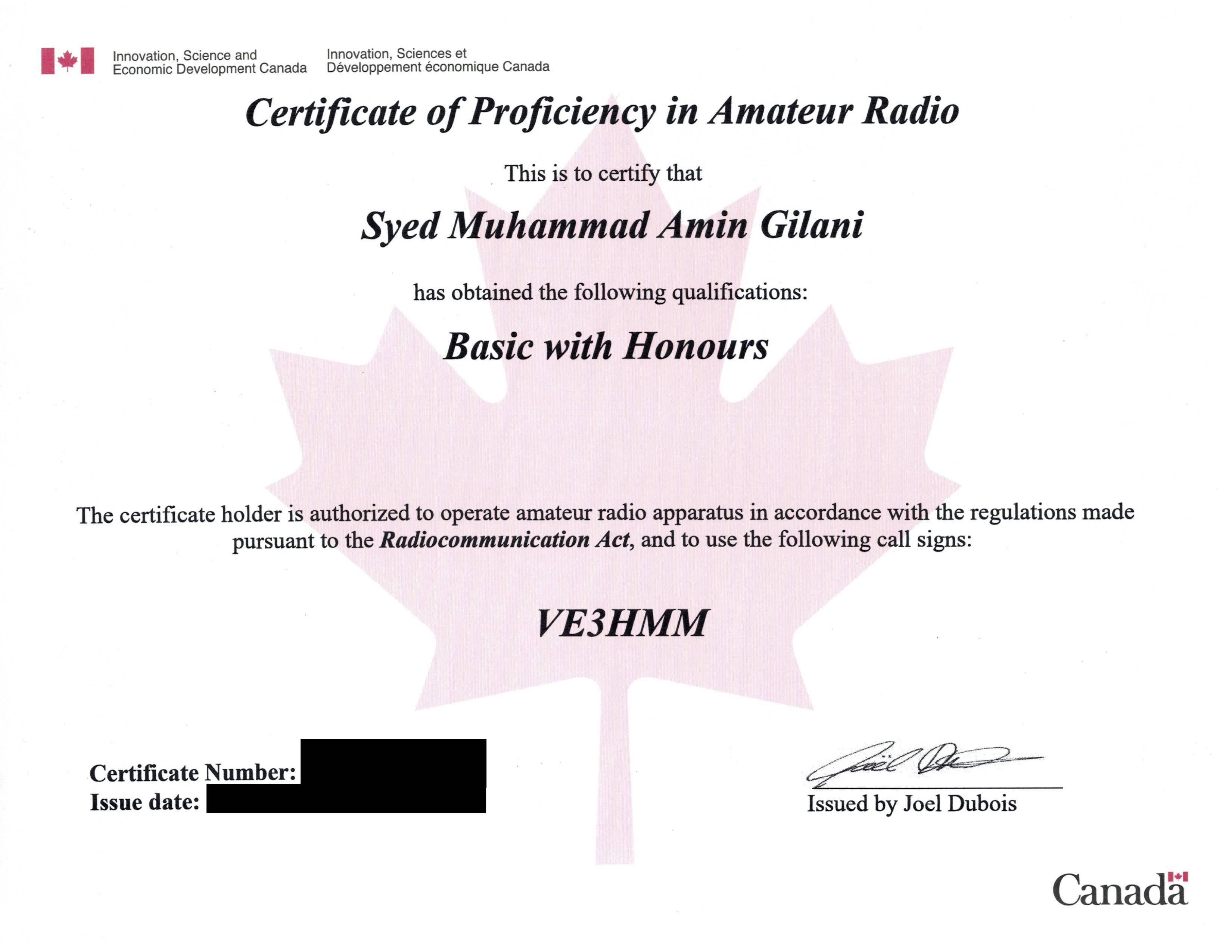 The full-sized amateur radio certifcate