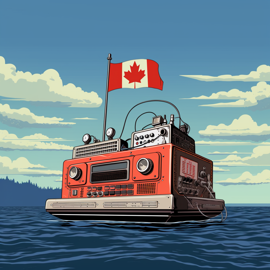 A ham radio station illustrated as a boat flying a Canadian flag
